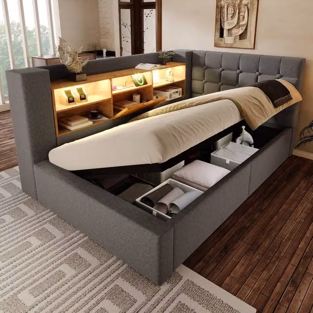 Merax Grey Upholstered Single Storage Daybed with LED, USB Charging Port and Bedside Shelf, W/D/H: 90 x 190 x 86 cm