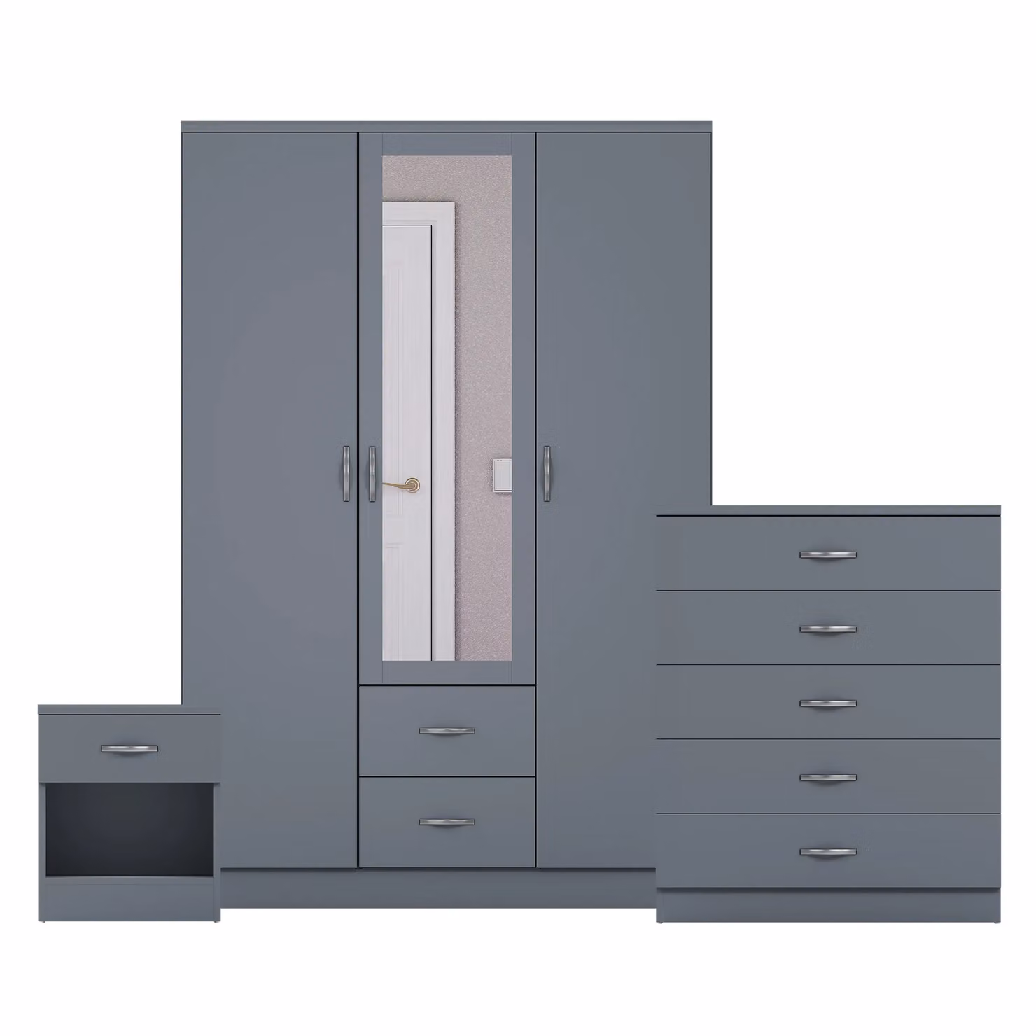 Vida Designs 3 Piece Modern Grey Bedroom Set Including Bedside Cabinet, 5 Drawer Chest and Mirrored Wardrobe – 3