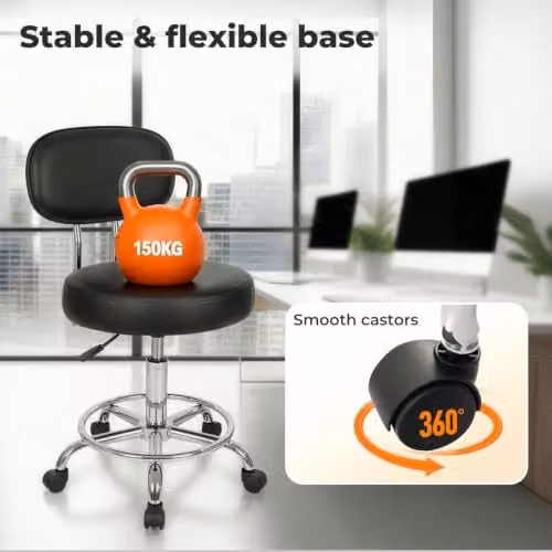 Levede Black PU Leather Rolling Stool with Low Back, Height Adjustable Swivel Task Chair with Footrest for Home, Office and Studio Use – 8