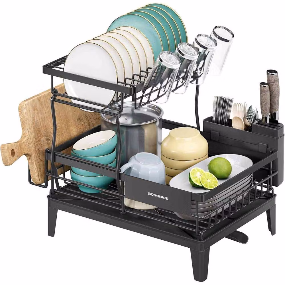 The Bazaarist 2 Tier Dish Drying Rack with Rotating Spout, Black – 2