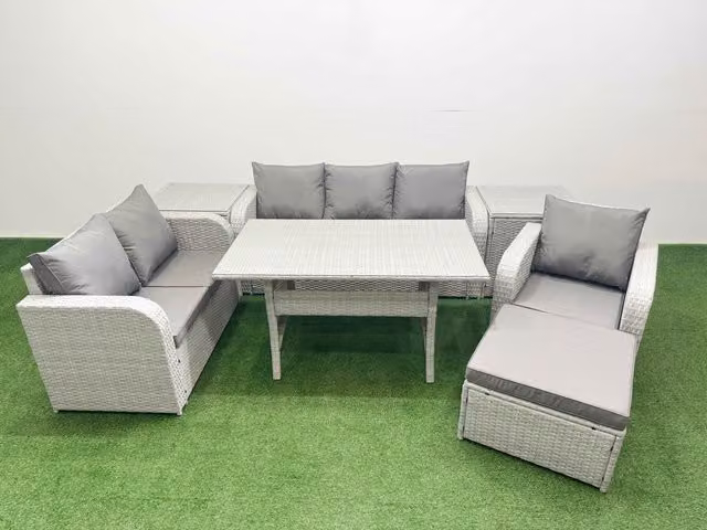Fimous Patio 7 Seater Grey PE Wicker Rattan Outdoor Furniture Set with Rectangular Dining Table, Reclining Chair and 3 Seater Sofa