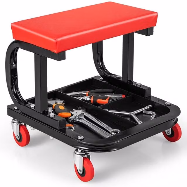 Gymax Rolling Creeper Garage and Shop Seat with Tool Tray Storage, Red, W/D/H: 37 x 36 x 36 cm