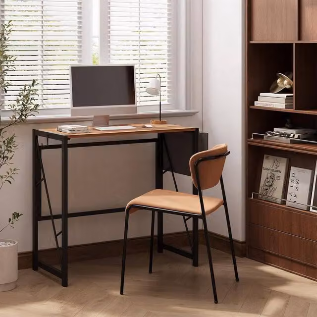 London Boutique Folding Computer Desk with Side Pocket and Hooks in Brown