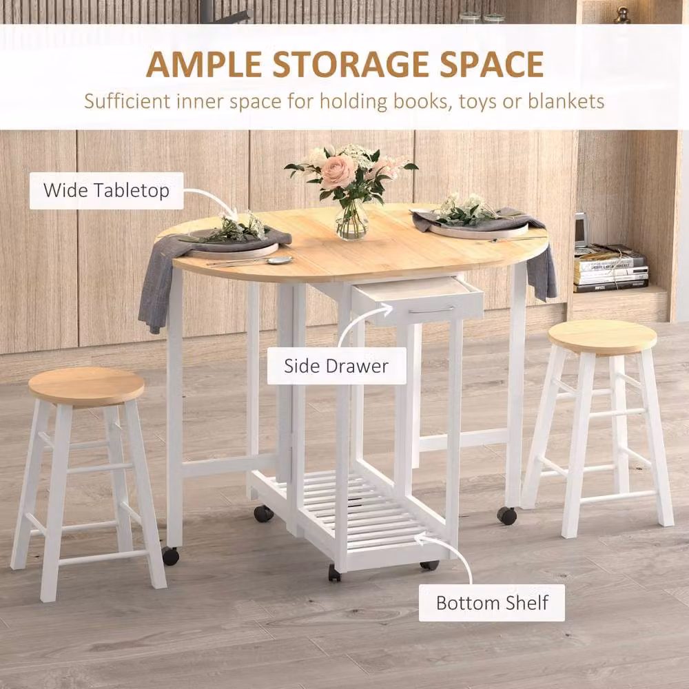 Wyld Haus Rasola White Drop Leaf Mobile Dining Table with 2 Stools, Drawers and Shelf – 4
