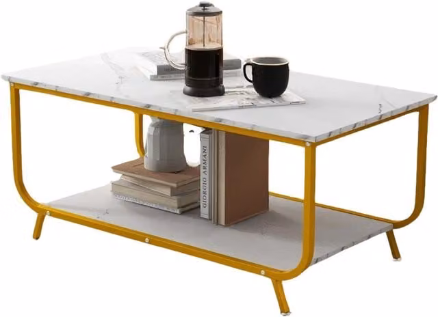 Pirlo Plush 2 Tier Gold and Yellow Modern Coffee Table with Rectangular MDF Laminate Top and Metal Sled Base
