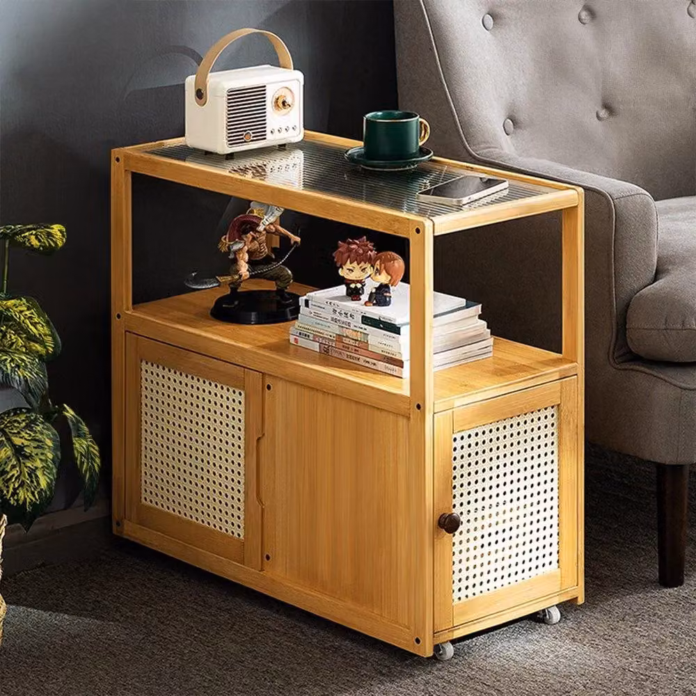 H&O Direct Brown Wooden and Glass Square Side Table with Castors, H 67.0 cm x W 61.0 cm – 2