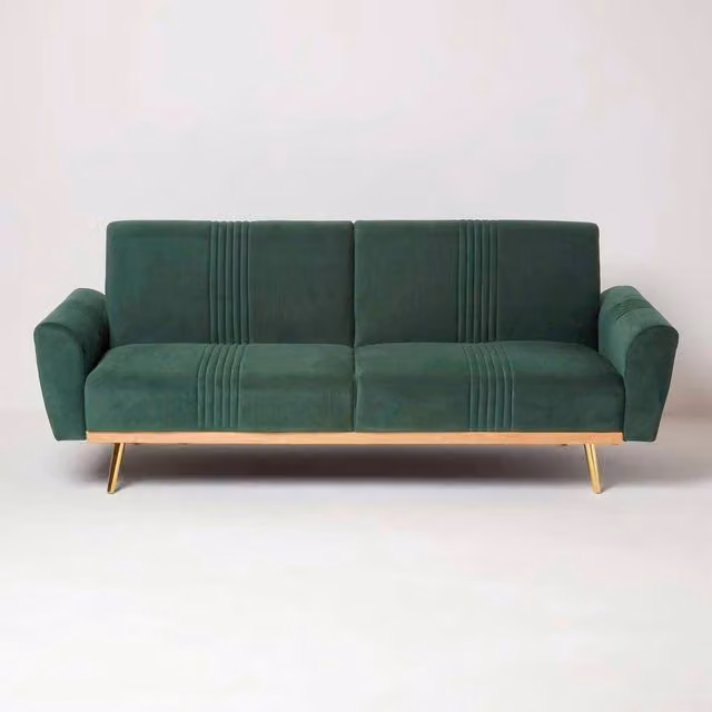 Homescapes Lenny Velvet 3 Seater Sofa Bed in Green and Gold, W/D/H: 216 x 116 x 86 cm