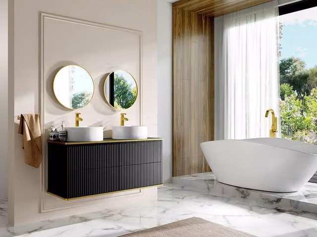 Vente-unique Suspended Grooved Bathroom Cabinet with Gold Trim and Double Round Doors in Black, W/D/H: 120 x 47 x 54 cm – 1