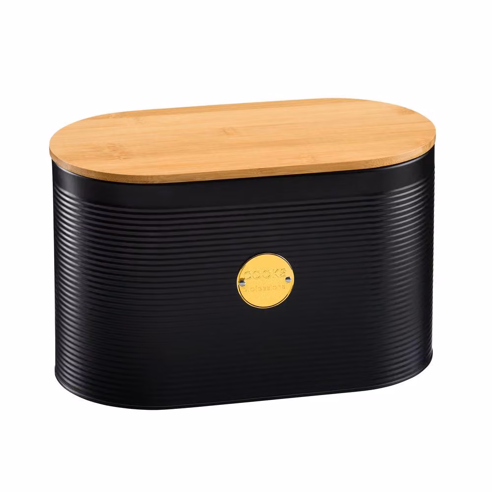 Cooks Professional Ribbed Bread Bin in Black and Gold with Bamboo Cutting Board Lid and Linen Bag – 6