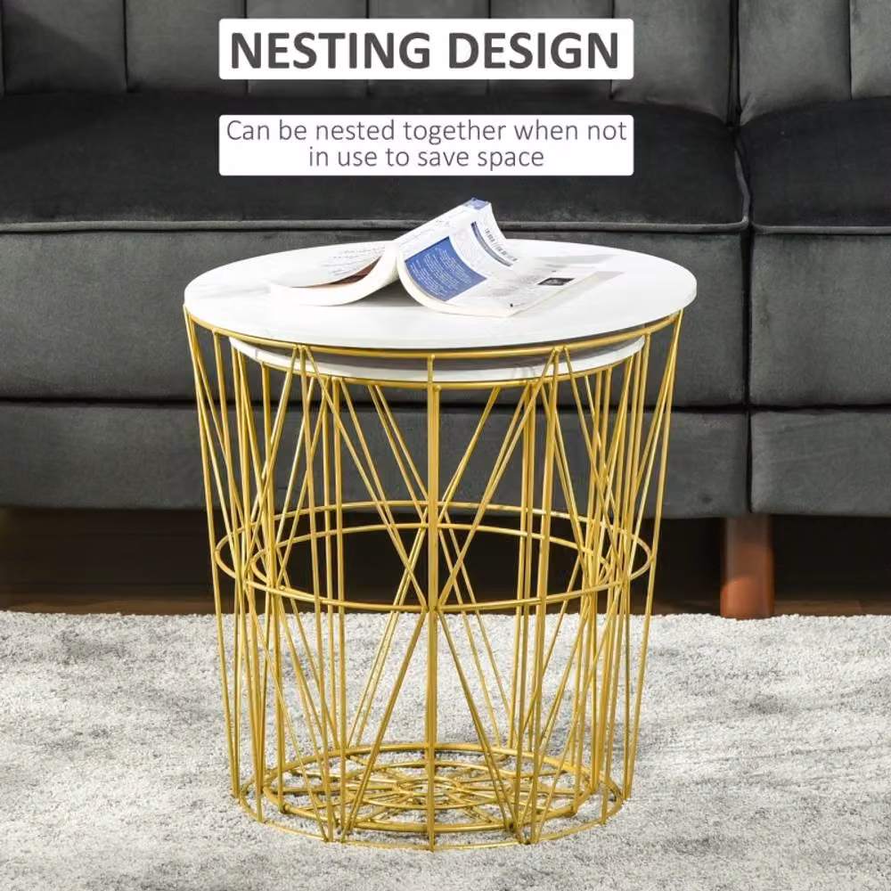 STILVORA Set of 2 Round Nesting Side Tables with Marble Tops in White – 2