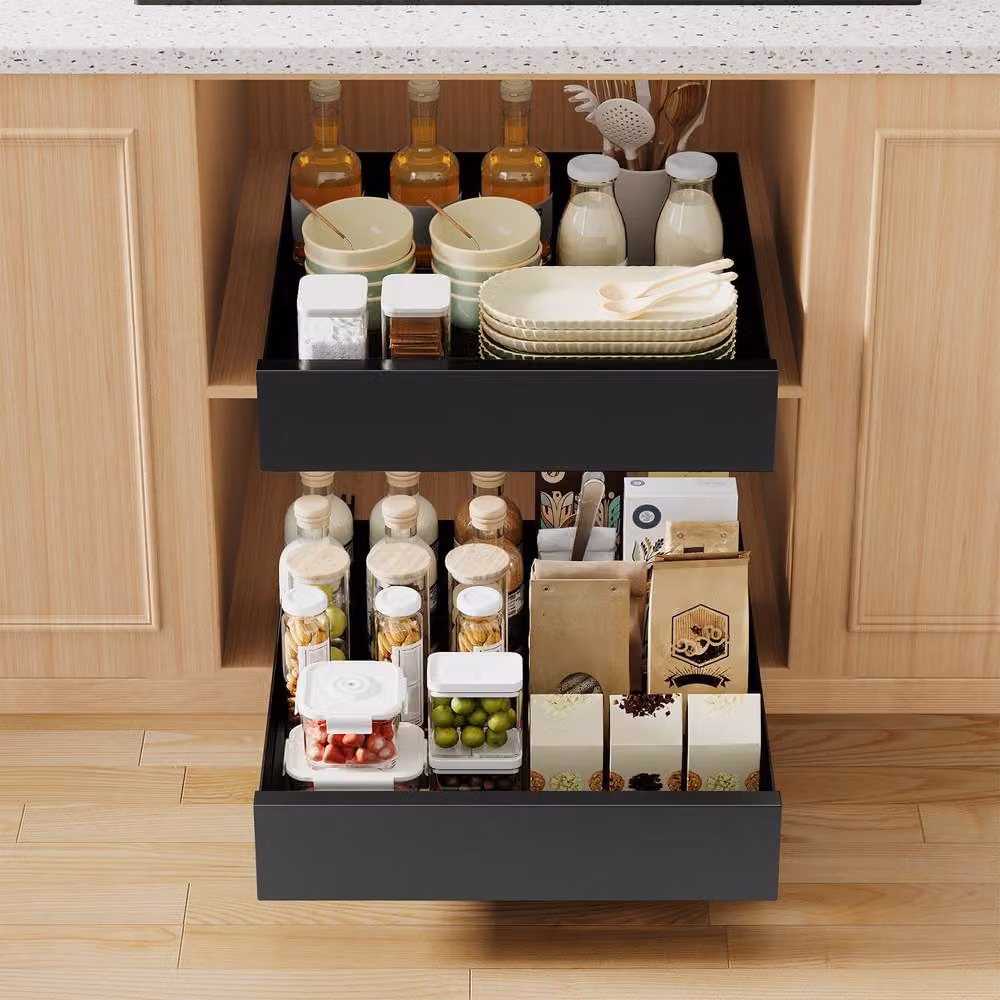 Livingandhome Metal Pull-Out Kitchen Cabinet Storage Rack Drawer Organiser in Black – 2