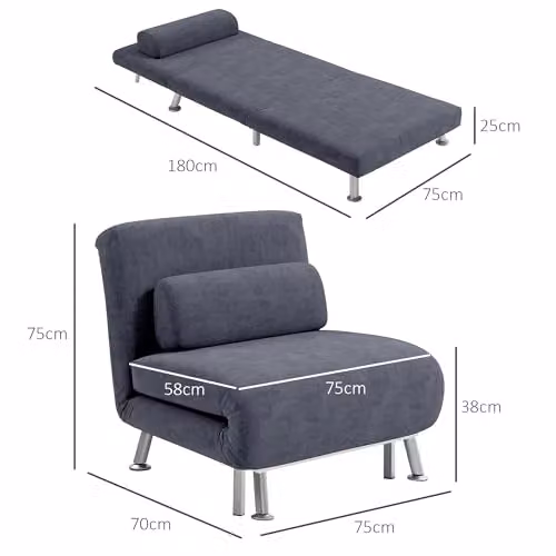 HOMCOM 3-in-1 Velvet Single Sofa Chair Bed with Armrests, Charcoal Grey – 3