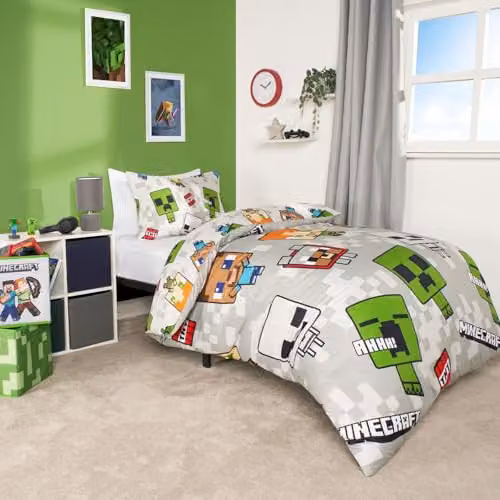OHS Minecraft Reversible Double Duvet Set and Pillowcase, Grey and Multicolour, W/D/H: 200 x 200 cm