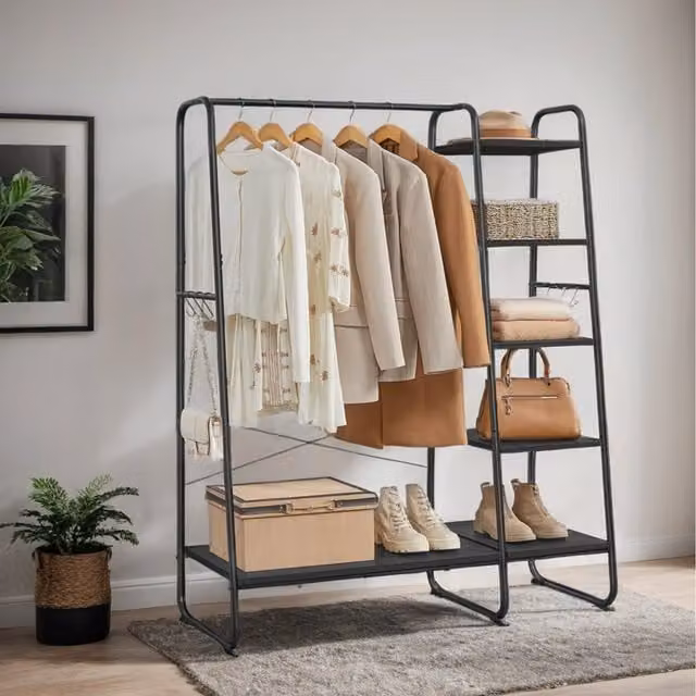 VASAGLE Clothes Rack with Shoe Rack and 6 Side Hooks, Ebony Black and Matte Black, H 160 x W 45 x D 40 cm