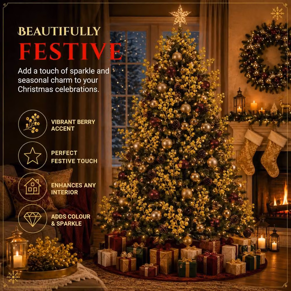 Shatchi Gold Glitter Berry Picks for Christmas and Winter Decor, 12 Pack, Height: 45 cm – 6