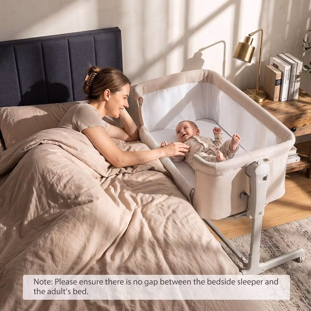 Costway 3-in-1 Height-Adjustable Baby Bedside Crib with Drop Side in Beige – 2