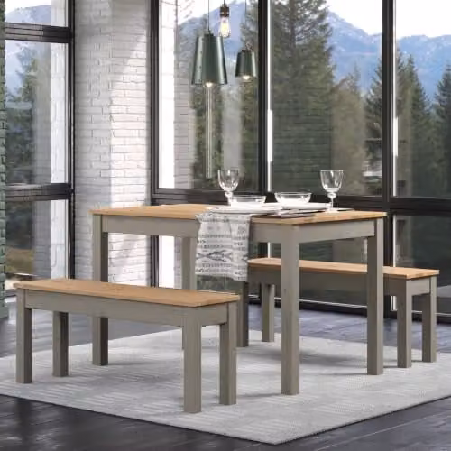 Core Products Linea Rectangular Dining Table and Bench Set in Antique Waxed Pine and Grey, W: 150 cm, H: 75 cm, D: 75 cm