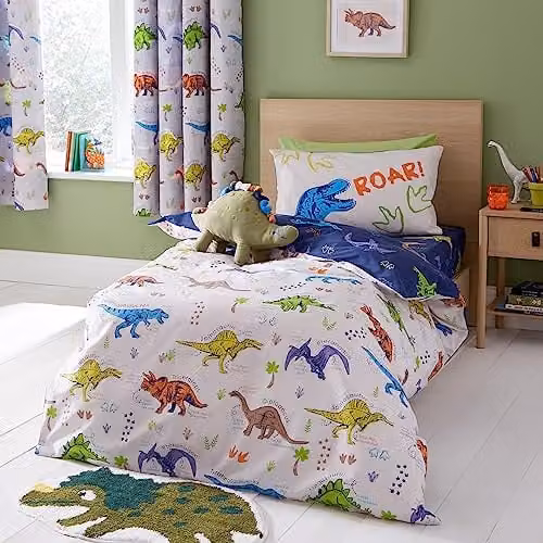 Catherine Lansfield Prehistoric Dinosaurs Reversible Junior Duvet Cover and Pillowcase Set in Beige and Multicolour, Duvet Cover: 70 x 160 cm, Pillowcase: 40 x 60 cm – 1