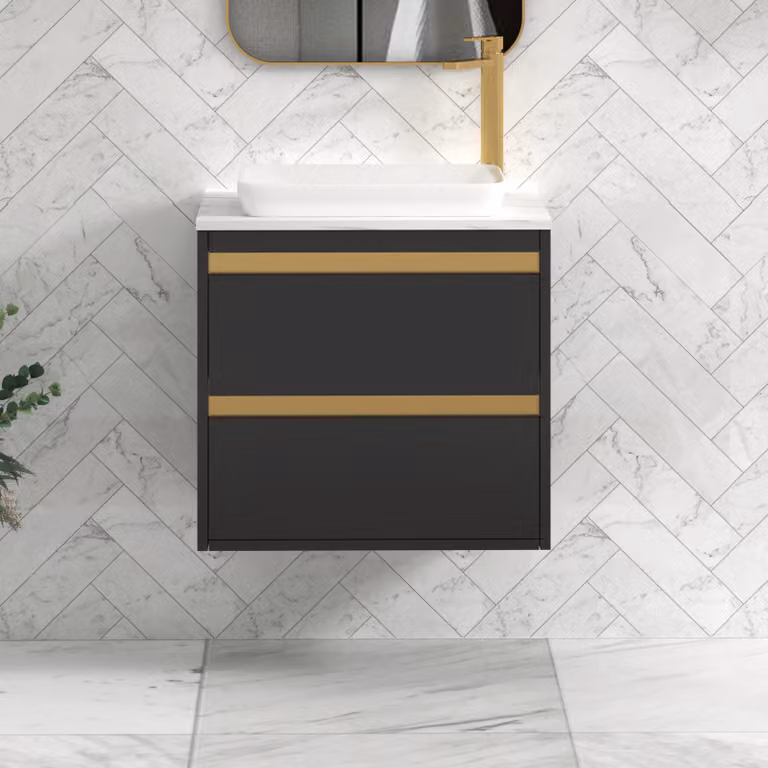 Royal Bathrooms Orion 600mm Matt Obsidian Black Wall Hung Countertop Vanity Unit with 2 Drawers, Qubix Basin and Brushed Brass Accent Trim