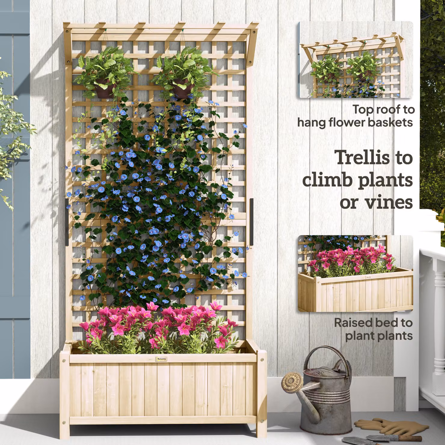 Outsunny Brown Wooden Raised Garden Bed with Trellis and Drainage Holes for Climbing Plants, W/D/H: 183 x 90 x 38 cm – 4