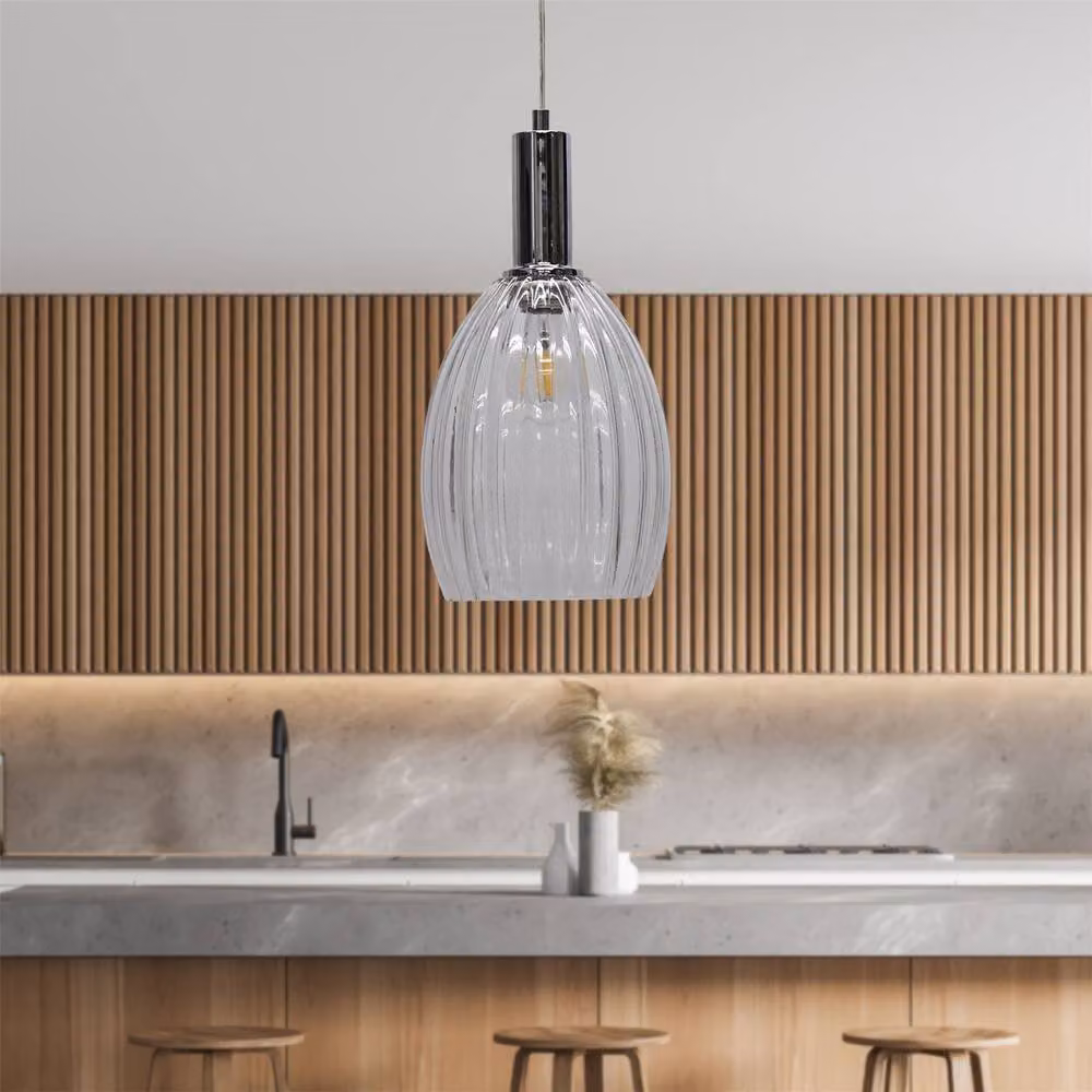 First Choice Lighting Birch Set of 2 Chrome Deco Pendant Lights with Transparent Fluted Glass – 2