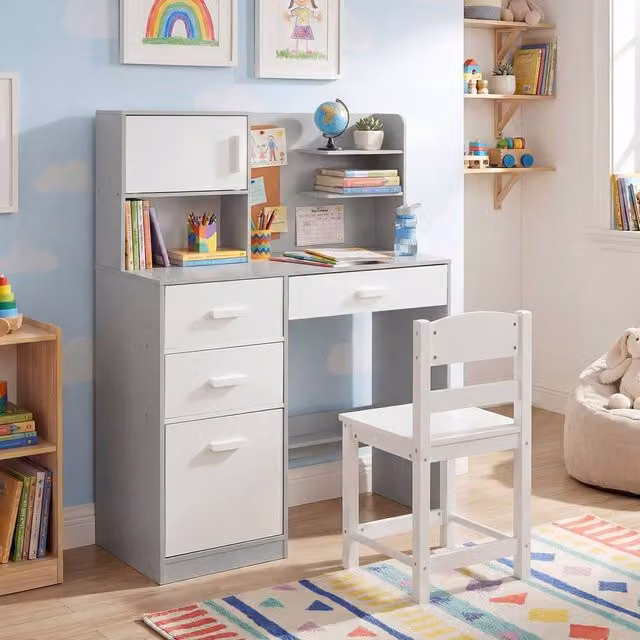 CASART Kids Wooden Study Desk and Chair Set with Hutch in Grey – 1