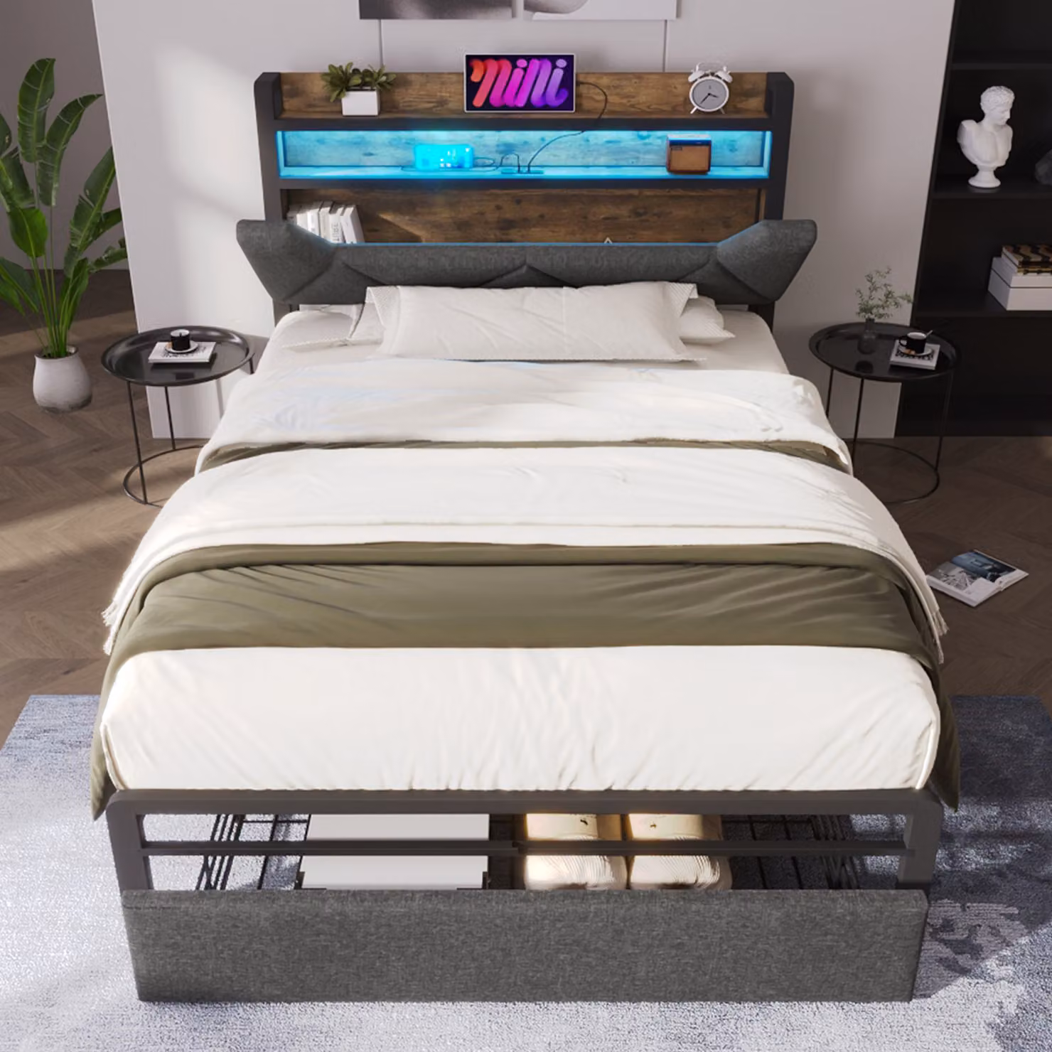 Aosom UK Grey Upholstered Single Storage Bed with LED Lighting, USB Type-C Charging and Drawers, W/D/H: 92 x 208 x 110 cm – 7