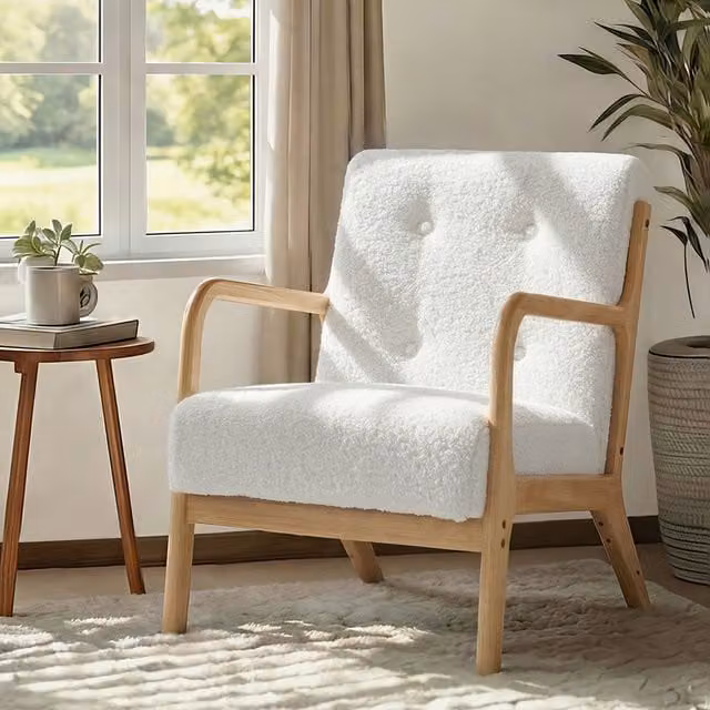 Livingandhome Mid-century Armchair in White Bouclé Fabric