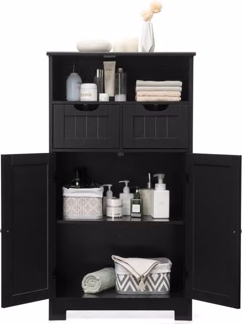 Costway Black Lacquered Wooden Freestanding Cupboard Cabinet with Internal Shelves and Drawers – 1