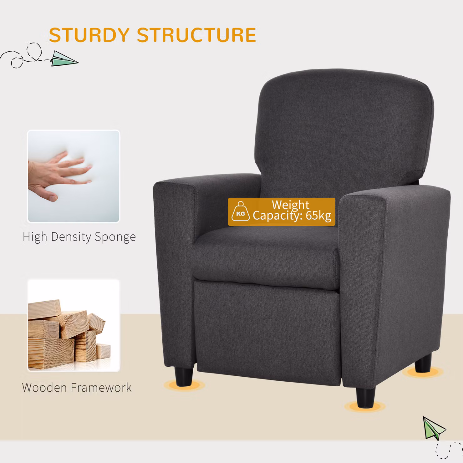 HOMCOM Children's 2-in-1 Sofa and Armchair with Ottoman, Grey Fabric Seating for Playrooms and Bedrooms – 4