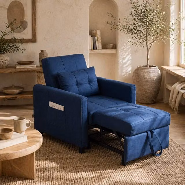 Wyld Haus Haso Single Sleeper Chair in Dark Blue Linen Look Fabric