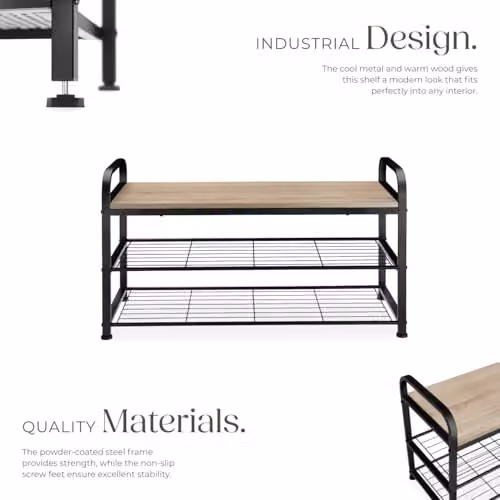 tectake 3-Tier Industrial Shoe Rack in Oak and Black, W/D/H: 91 x 36 x 55 cm – 3