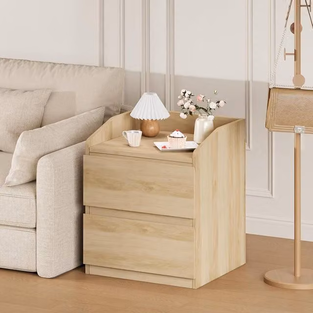 London Boutique Modern 2-Drawer Side Table in Sand with Glass and MDF, W/D/H: 40 x 40 x 60 cm