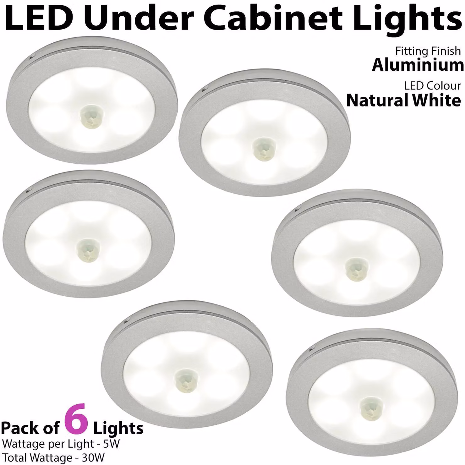 Loops 6x Aluminium Ultra-Slim Round Under Cabinet Kitchen Light and Driver Kit with PIR Motion Sensor in White – 2
