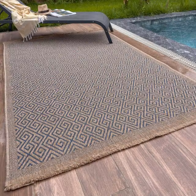 THE RUGS Blue Jute Looking Greek Key Design Outdoor Garden Patio Rug, W: 140 cm, D: 200 cm