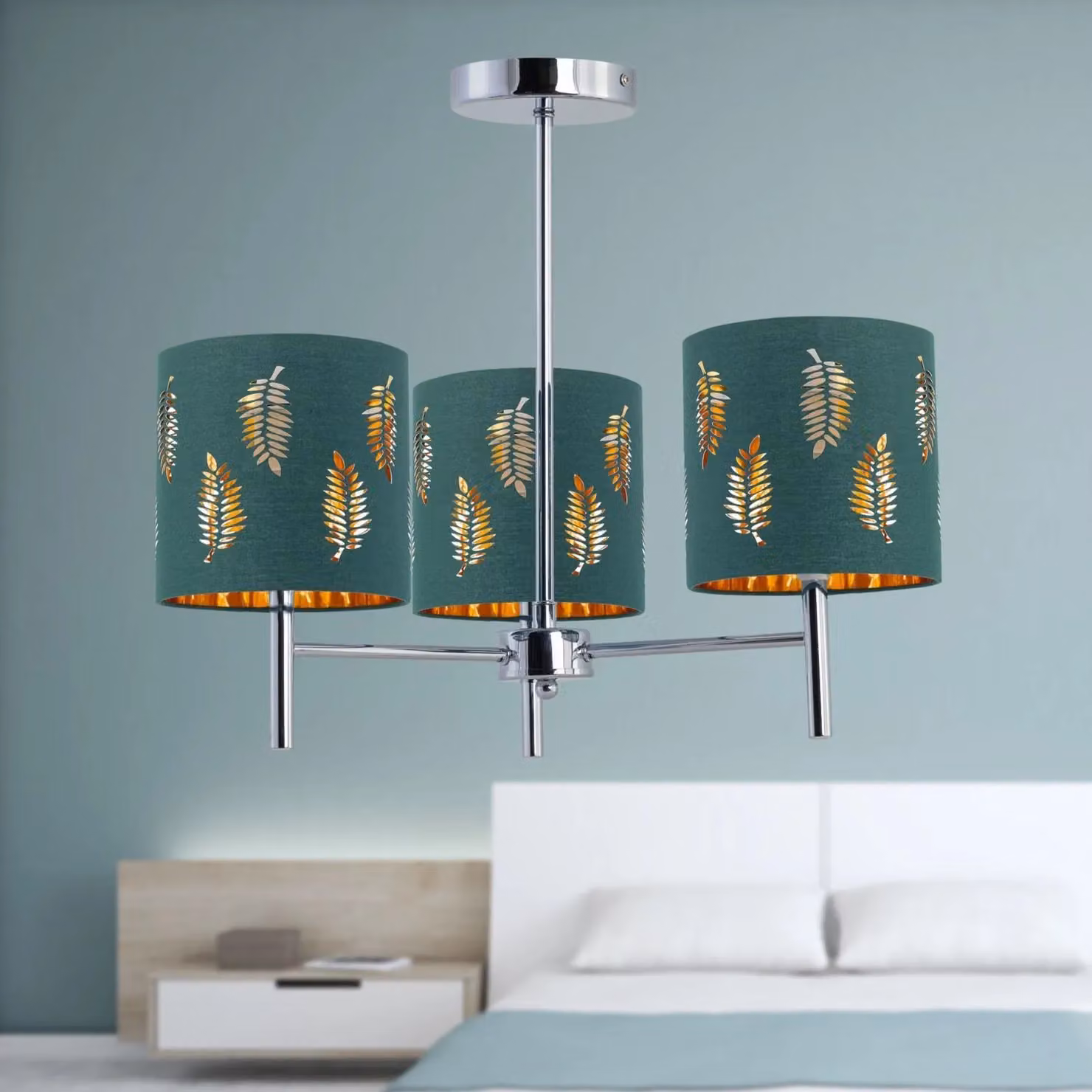 First Choice Lighting Brea Chrome 3 Light Ceiling Fitting with Green Fabric Shades – 3