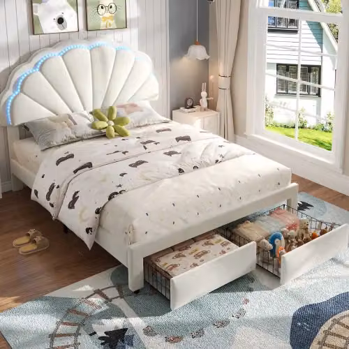 Matteo Upholstered Double Bed in Beige with Under-Bed Lighting and Drawers, W: 140 cm, D: 200 cm – 3