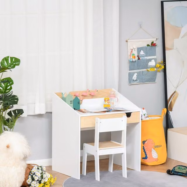 HOMCOM Two-Piece Kids Desk and Chair Set with Storage, White