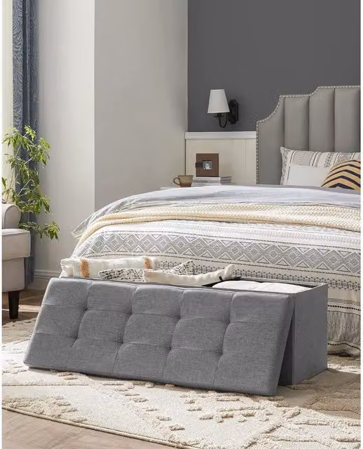 SONGMICS Large Storage Ottoman Bench in Light Grey