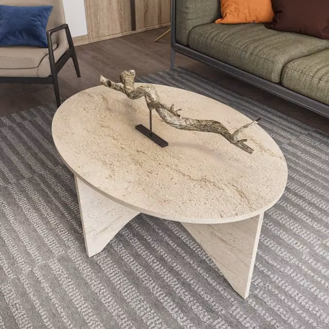 Decorotika Solo Oval Coffee Table in Beige Travertine Stone