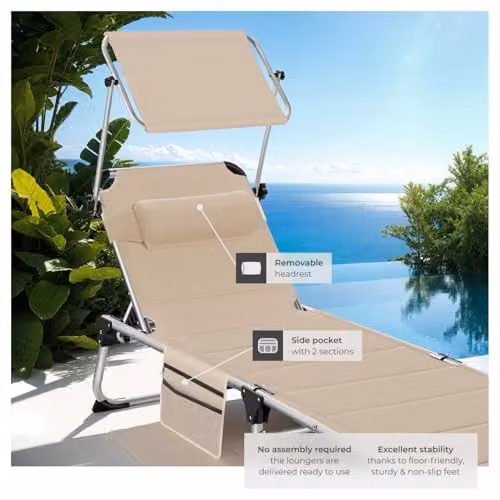 tectake Lorella Folding Sun Lounger with Padding in Beige – 3