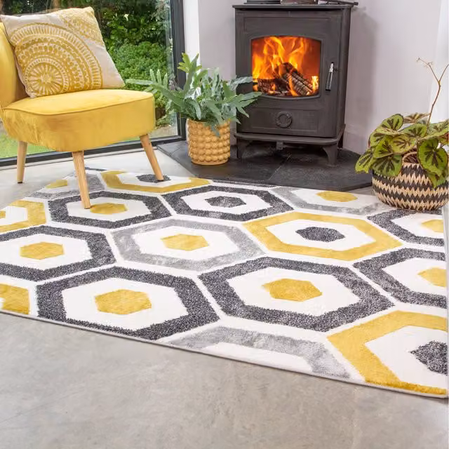 The Rug House Super Soft Diamond Geometric Area Rug in Ochre and Grey, W: 230 cm, D: 160 cm