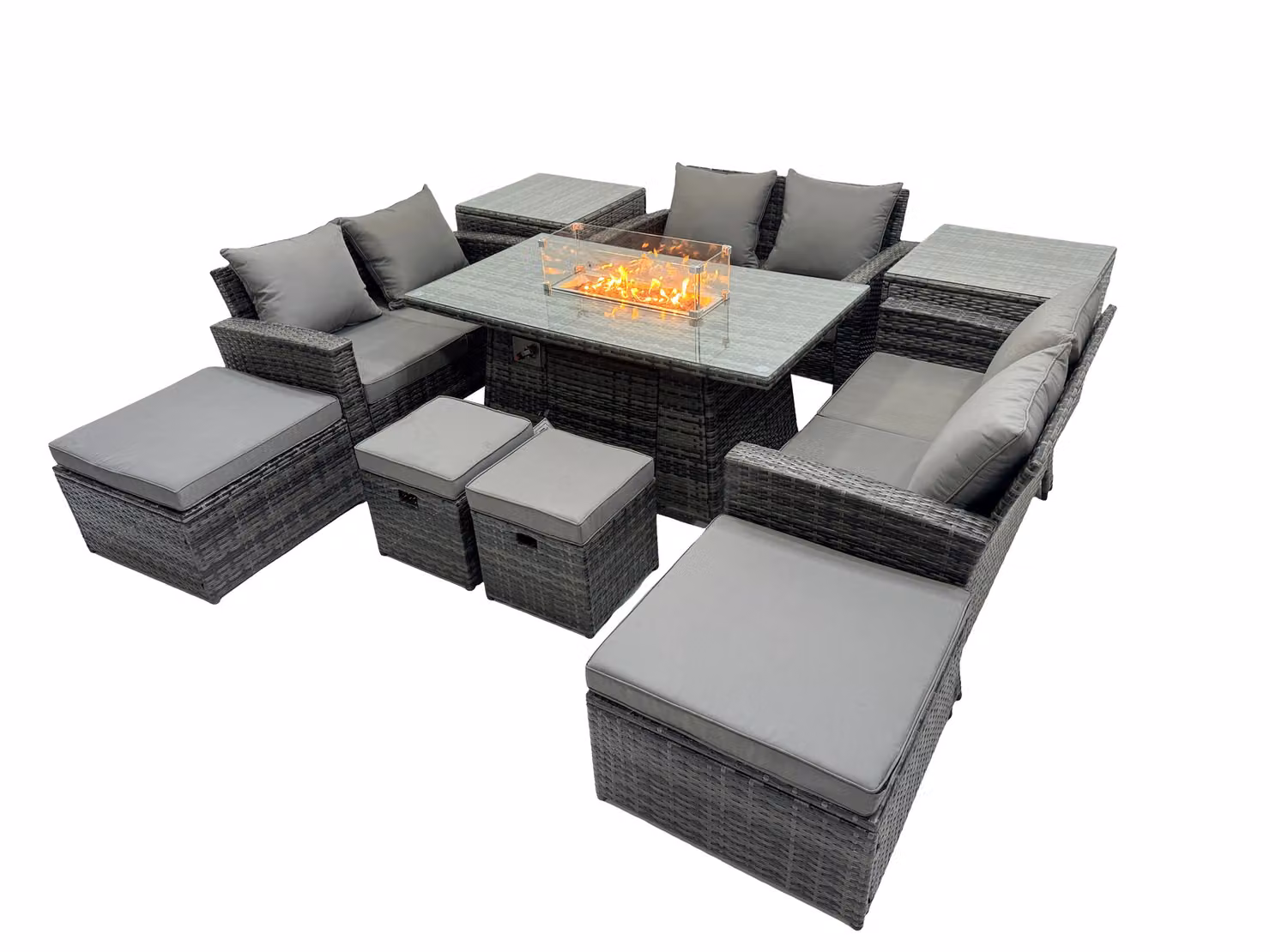 Fimous Outdoor Love Sofa Set with Gas Firepit Dining Table and 4 Footstools in Dark Grey – 2