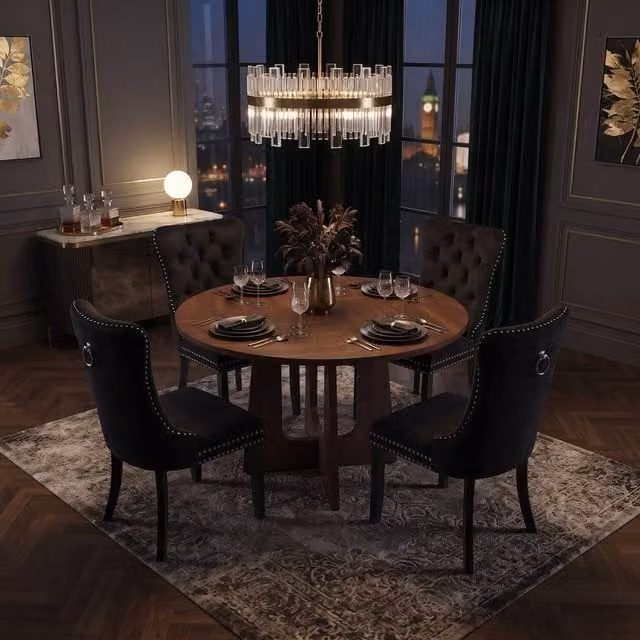 FENCHILIN Farmhouse Dining Set with Round Table and 4 Velvet Chairs in Brown Walnut – 1