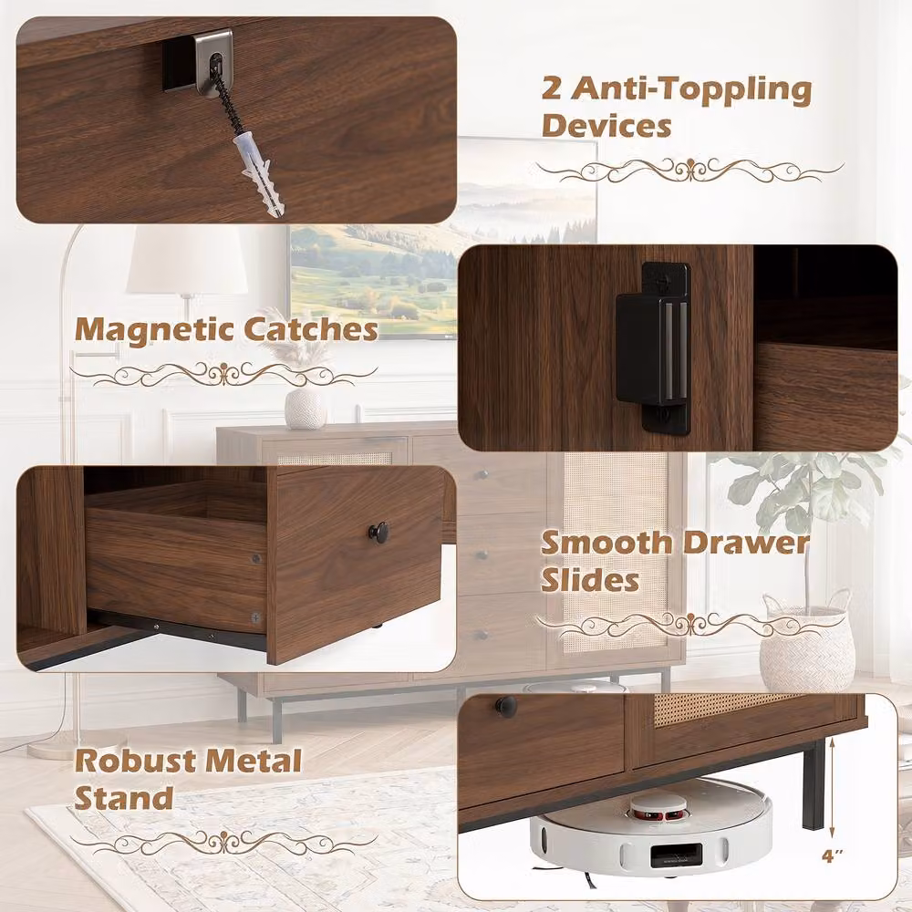 Costway Modern Brown Sideboard Buffet Cabinet and Coffee Bar Table with 2 Doors, 3 Drawers and Rattan Details, Width: 120 cm – 8