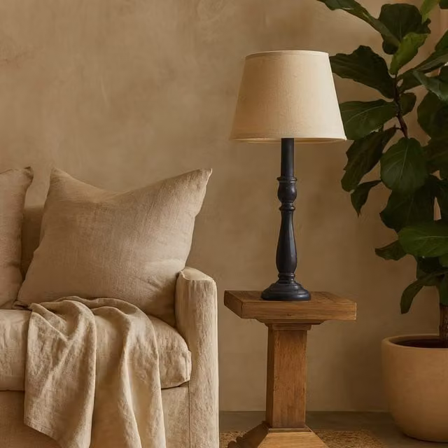 Wyld Haus Piana Slim Black Wooden Table Lamp with Beige Linen Shade, Height: 27.94 cm – 1
