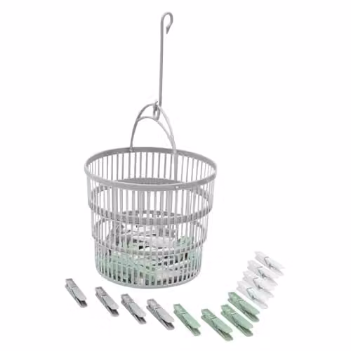 JVL Collapsible Peg Basket with Handle and 50 Plastic Clothes Pegs in Grey, White or Green
