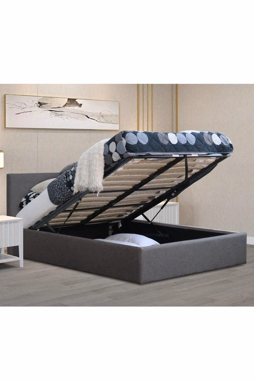 Modernique Fabric Ottoman Storage Bed with High Headboard and Gas Lift Base, Grey, W/D/H: 140 x 200 x 88 cm – 2