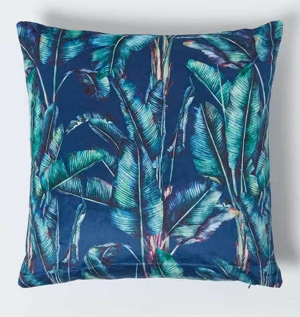 Homescapes Reversible Velvet Tropical Banana Leaf Cushion in Navy, Green and Petrol, W/D/H: 46 x 46 x 46 cm