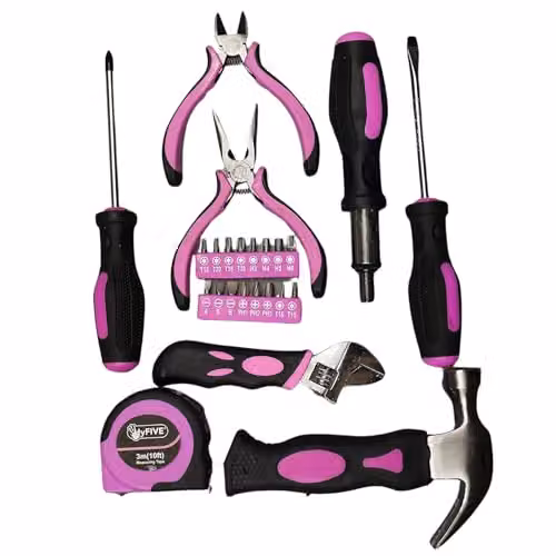 Hyfive 25-Piece Pink DIY Tool Kit with Hammer, Pliers and Screwdrivers in a Pink Carry Case – 5